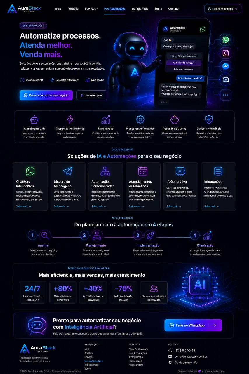Mockup ilustrativo de automações e chatbot AuraStack