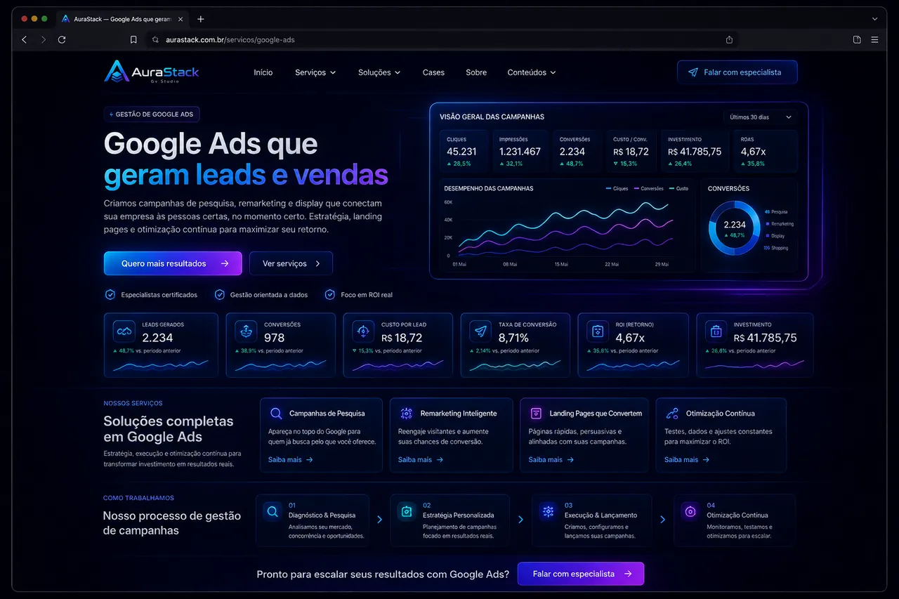 Mockup ilustrativo de página de Google Ads