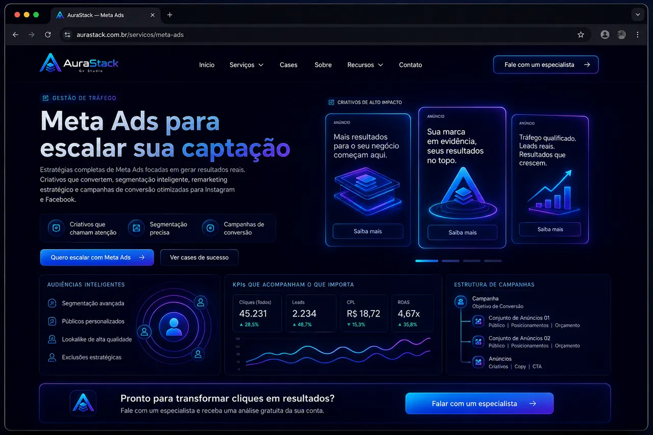 Mockup ilustrativo de página de Meta Ads